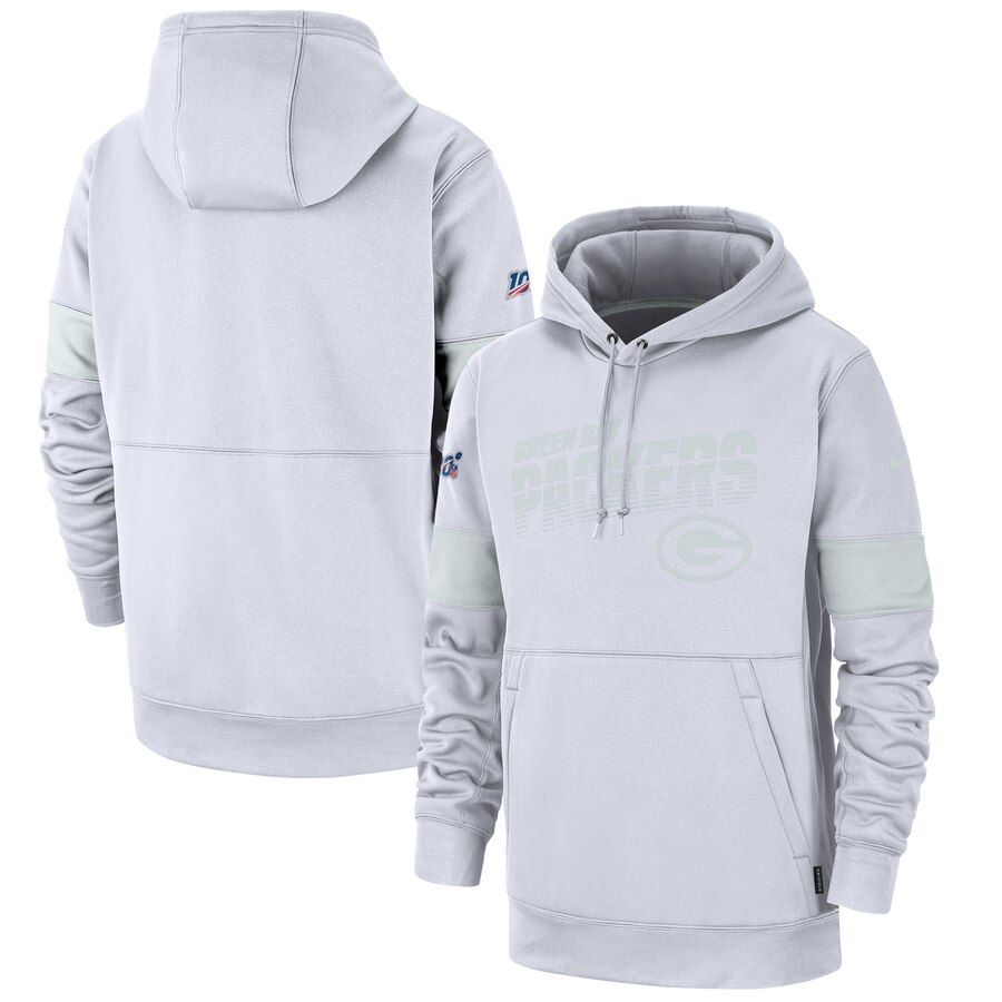 Men's Green Bay Packers White NFL 2019 100th Season Sideline Platinum Therma Pullover Hoodie